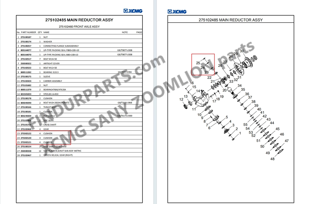 Complete Bevel Gear Cushion Kit for XCMG 5-Ton LW500FN LW500KN ZL50GN Wheel Loaders